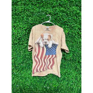 Vintage Acid Wash American Flag Puppy T-shirt, Adult Mens XL, Reworked apparel,